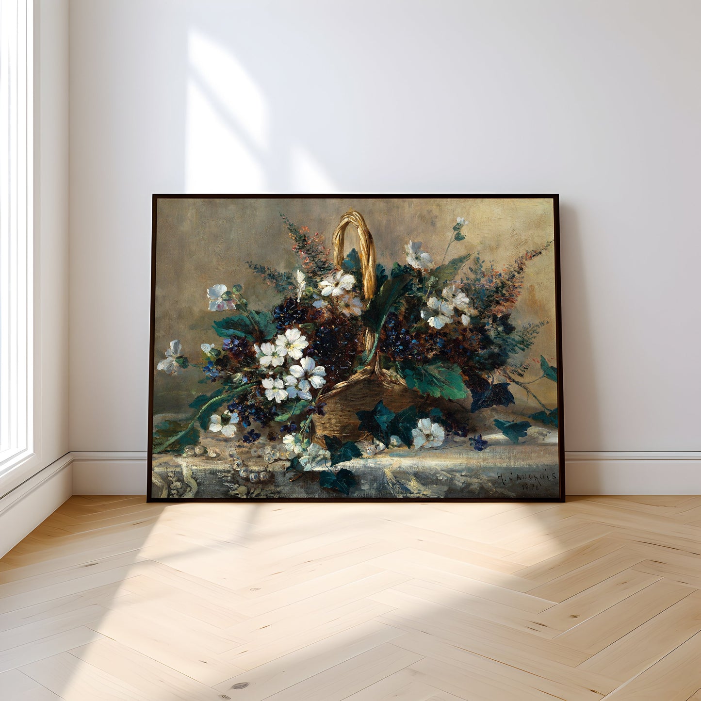 Still-life Flowers, Snowflakes and Violets, original antique painting oil vintage, Printable art instant download, Cauchois, SKU  K.EHK40