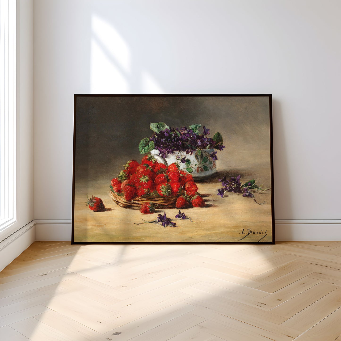 Still-life, Benoit, Strawberries and violets, original antique painting oil vintage, Printable art instant download, SKU  K.LMB41