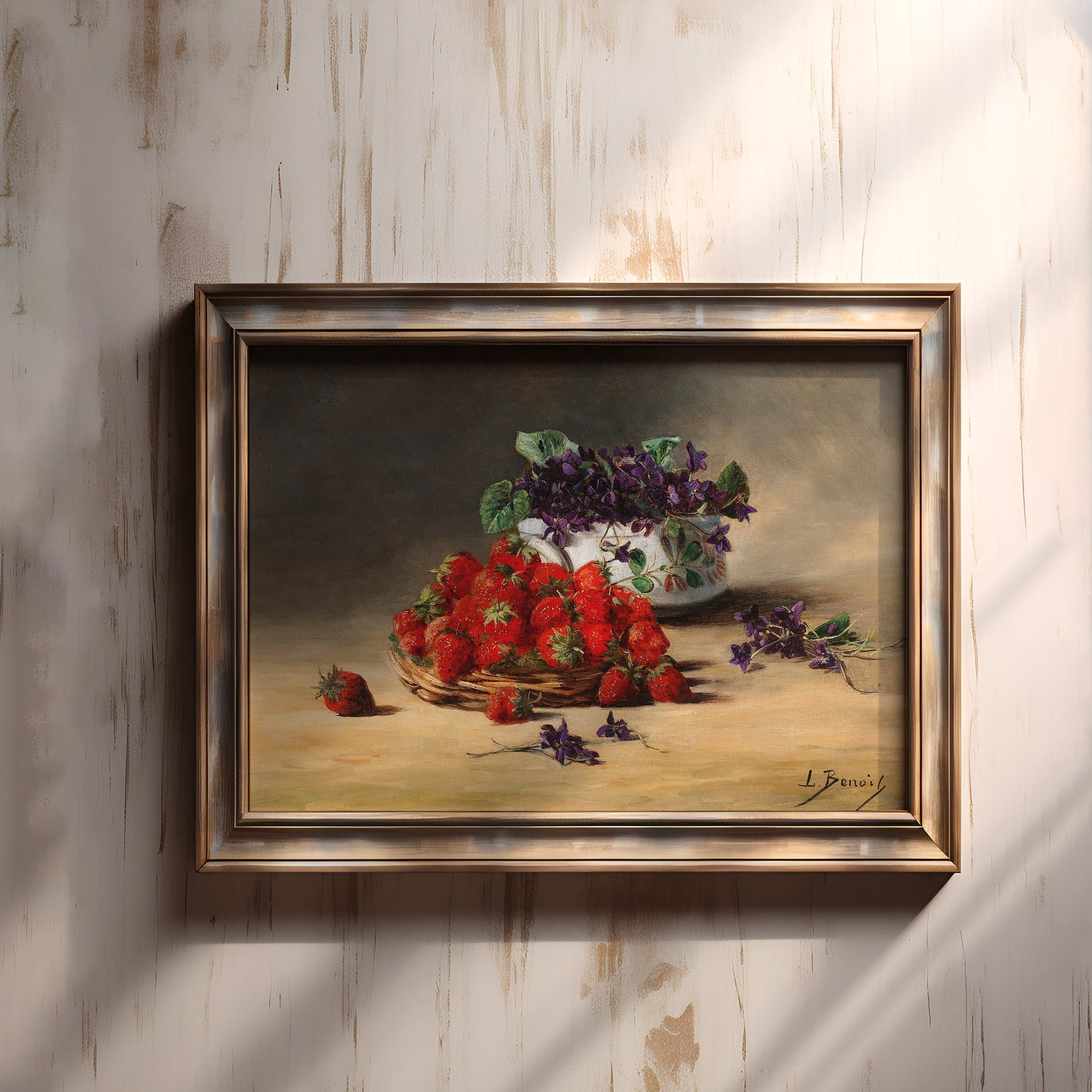 Still-life, Benoit, Strawberries and violets, original antique painting oil vintage, Printable art instant download, SKU  K.LMB41