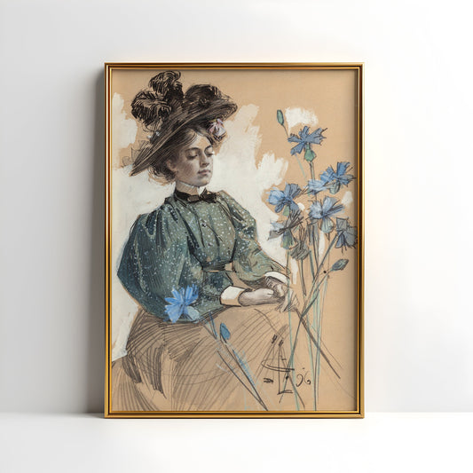 Wall Decor , Leyendecker - Lady with blue flowers , original antique figure painting , vintage Printable art instant download , SKU K.JCL42