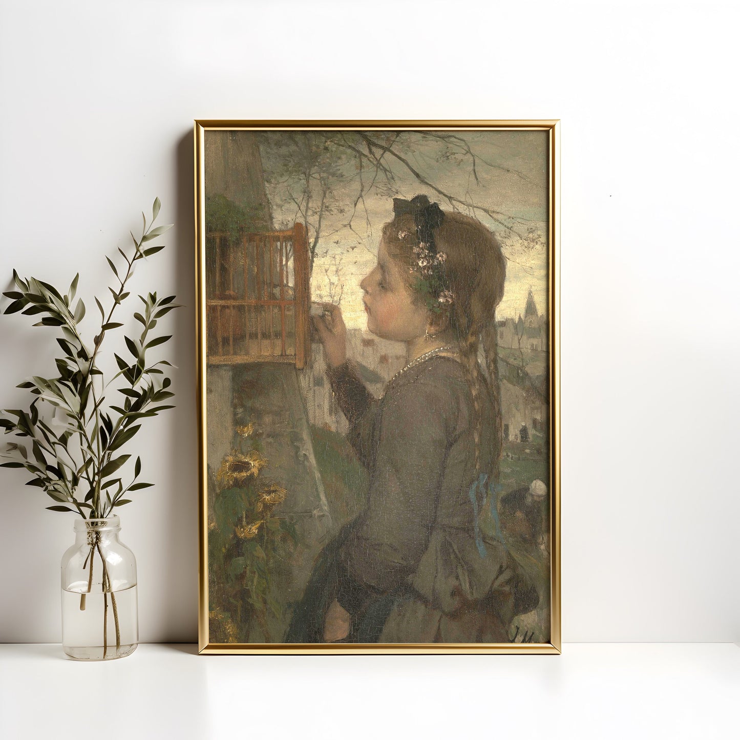 Girl Feeding Bird in Cage - Jacob Maris , original antique oil figure painting , vintage Printable art instant download , SKU K-JM56