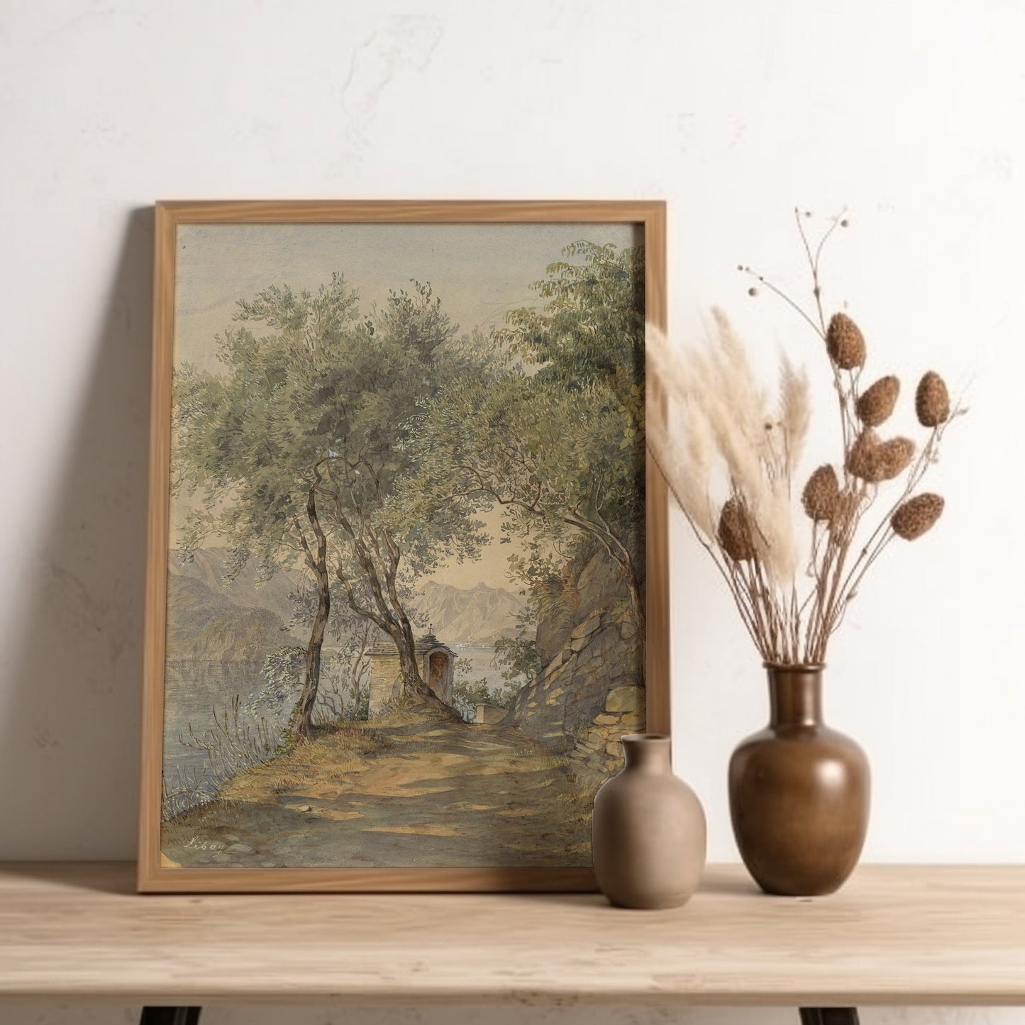 Rustic landscape Lake, Unknown painter, original antique painting, watercolour, vintage, Printable art instant download, SKU  K-NN58