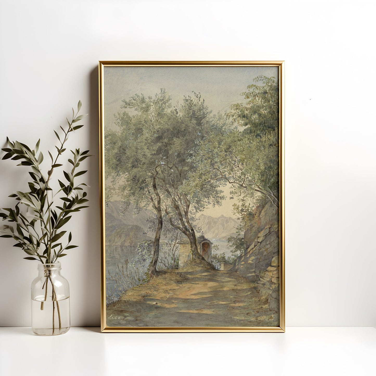 Rustic landscape Lake, Unknown painter, original antique painting, watercolour, vintage, Printable art instant download, SKU  K-NN58