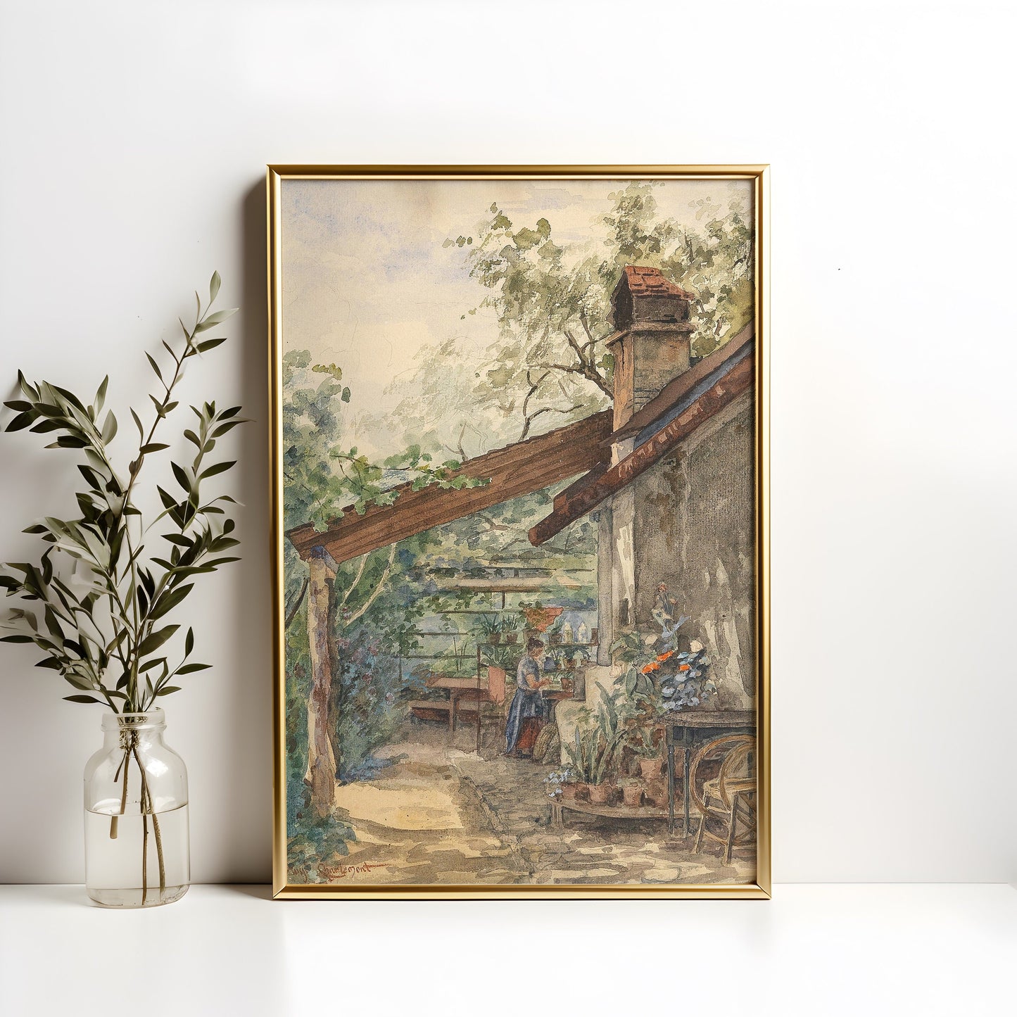 Hugo Charlemont, Rustic landscape, original antique painting, watercolour, vintage, Printable art instant download, SKU  K-HC62