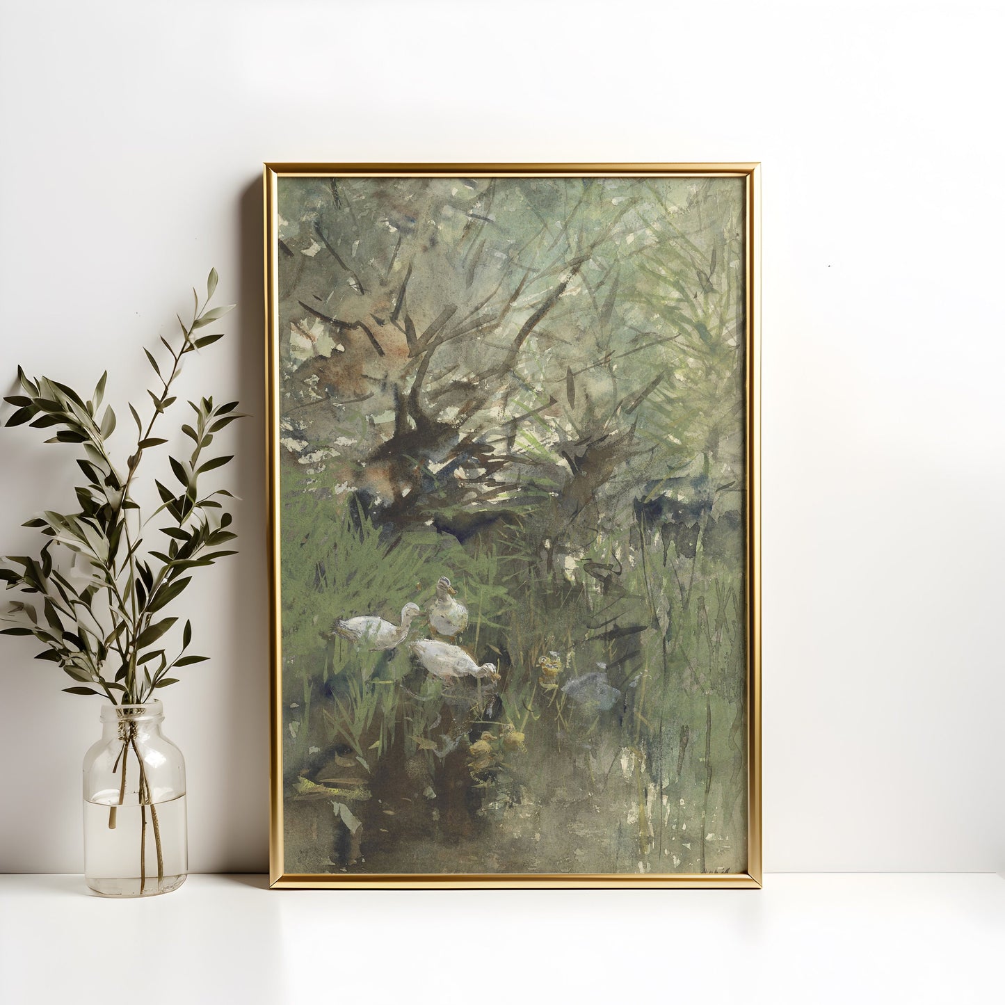 Willem Maris - Ducks under willows, original antique painting, watercolour vintage, Printable art instant download, SKU  K-WM67