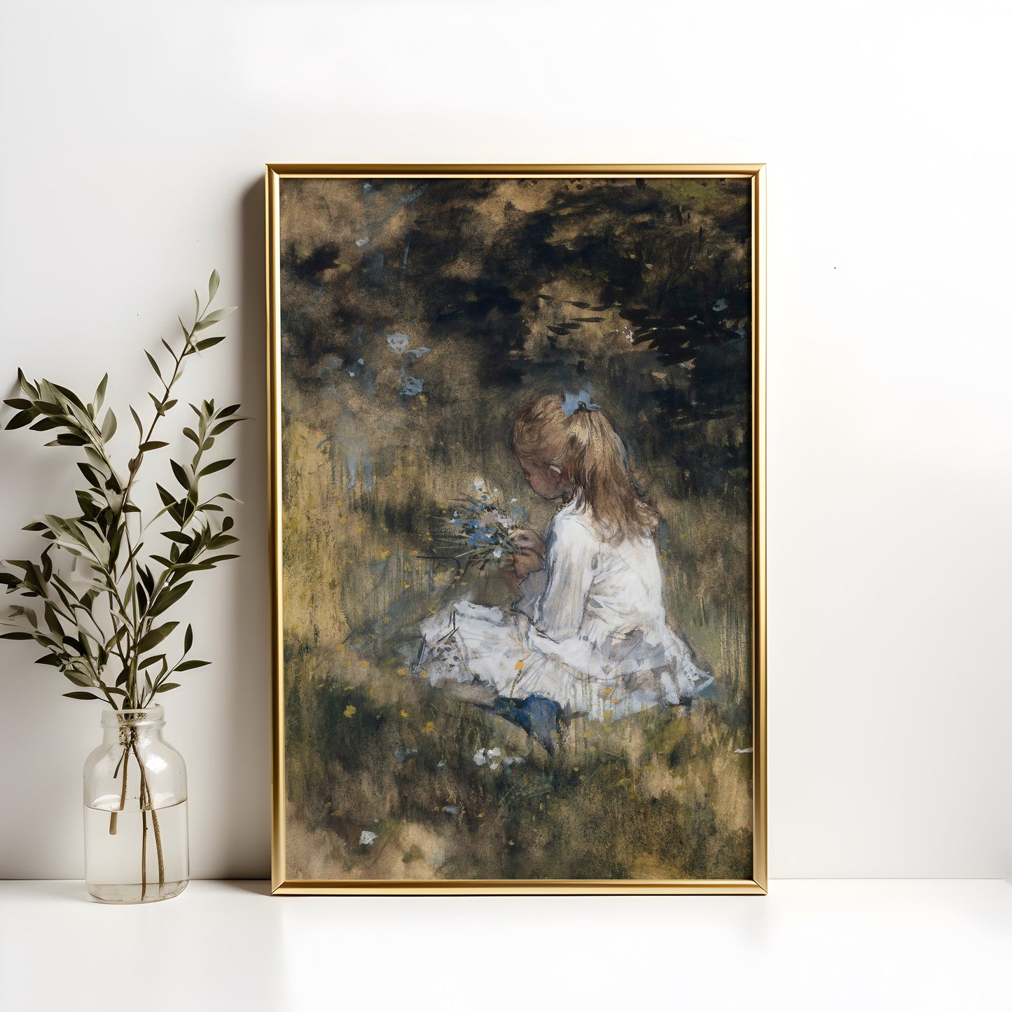 Jacob Maris - Girl with Flowers in Grass , original antique figure painting , vintage Printable art instant download , SKU K-WM68