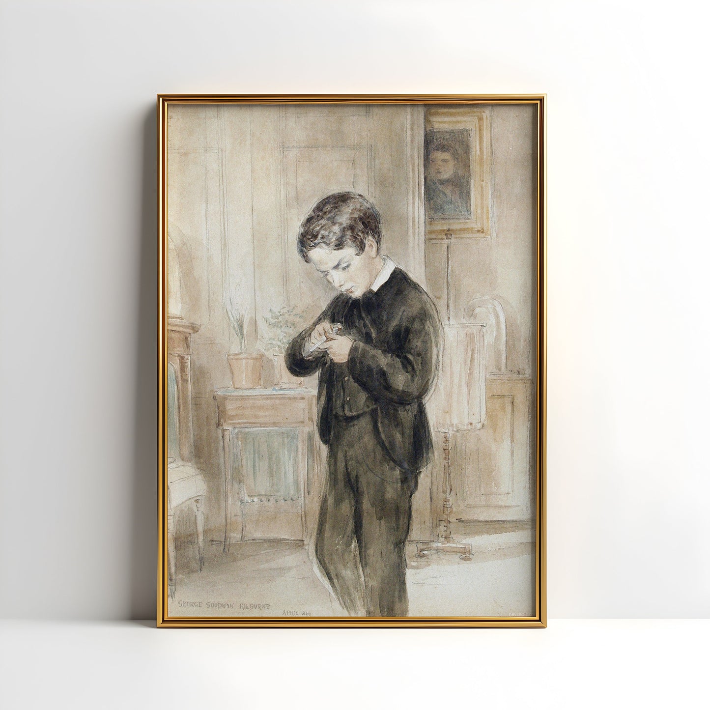 Schoolboy - George Goodwin Kilburne , watercolour original antique figure painting , vintage Printable art instant download , SKU K-GGK69