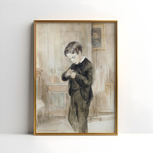 Schoolboy - George Goodwin Kilburne , watercolour original antique figure painting , vintage Printable art instant download , SKU K-GGK69