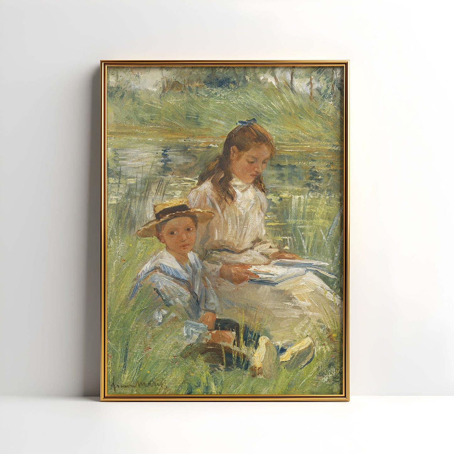Simon Maris - Summer Day , Woman with Boy , original antique figure painting , vintage Printable art instant download , SKU K-SM85