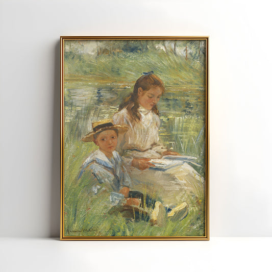 Simon Maris - Summer Day , Woman with Boy , original antique figure painting , vintage Printable art instant download , SKU K-SM85