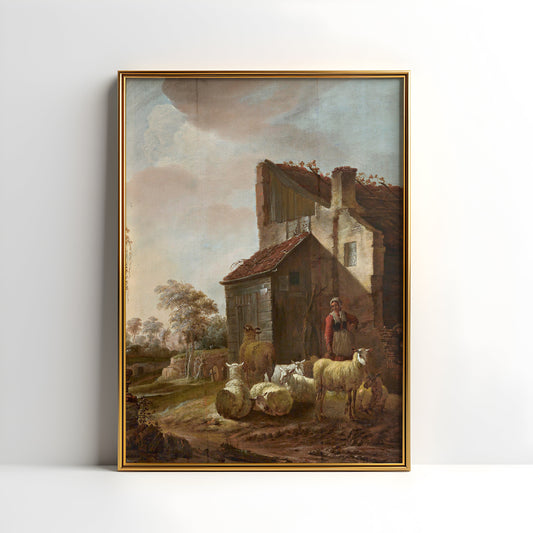 Flemish painting Jan Baptist Wolfaerts - Woman with sheeps, original antique oil vintage, Printable art instant download, SKU  K-JBW97