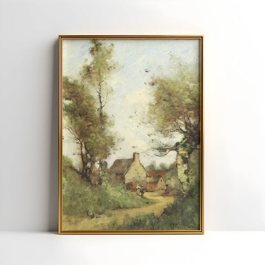 Paul Desire Trouillebert, Landscape - Peasants Outside Village, original antique painting oil, vintage, Printable art instant download, SKU   K-PDT98