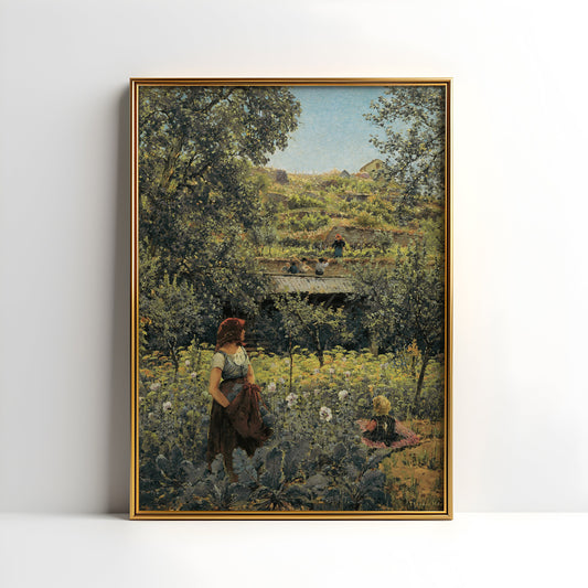 Landscape, Theodor von Hormann - Girl in a Garden, original antique painting oil, vintage, Printable art instant download, SKU  K-TH99