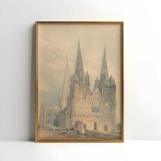 Thomas Girtin - Lichfield Cathedral, original antique painting, watercolour, vintage, Printable art instant download, SKU  K-TG101