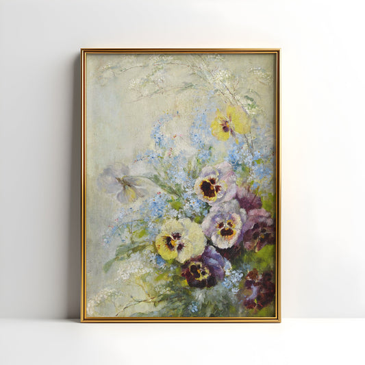 Flowers, Gioachimo Galbusera, Pansies, Nostalgia, original antique painting, oil vintage, Printable art instant download, SKU  172GG