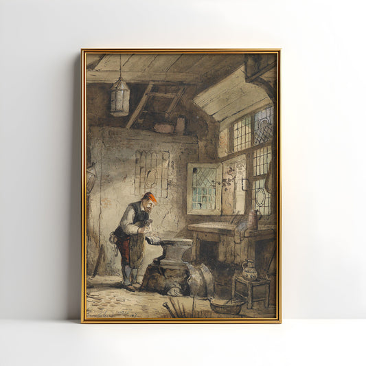 Braekeleer - blacksmith in workshop , original antique figure painting , watercolour vintage Printable art instant download , SKU K-FB109