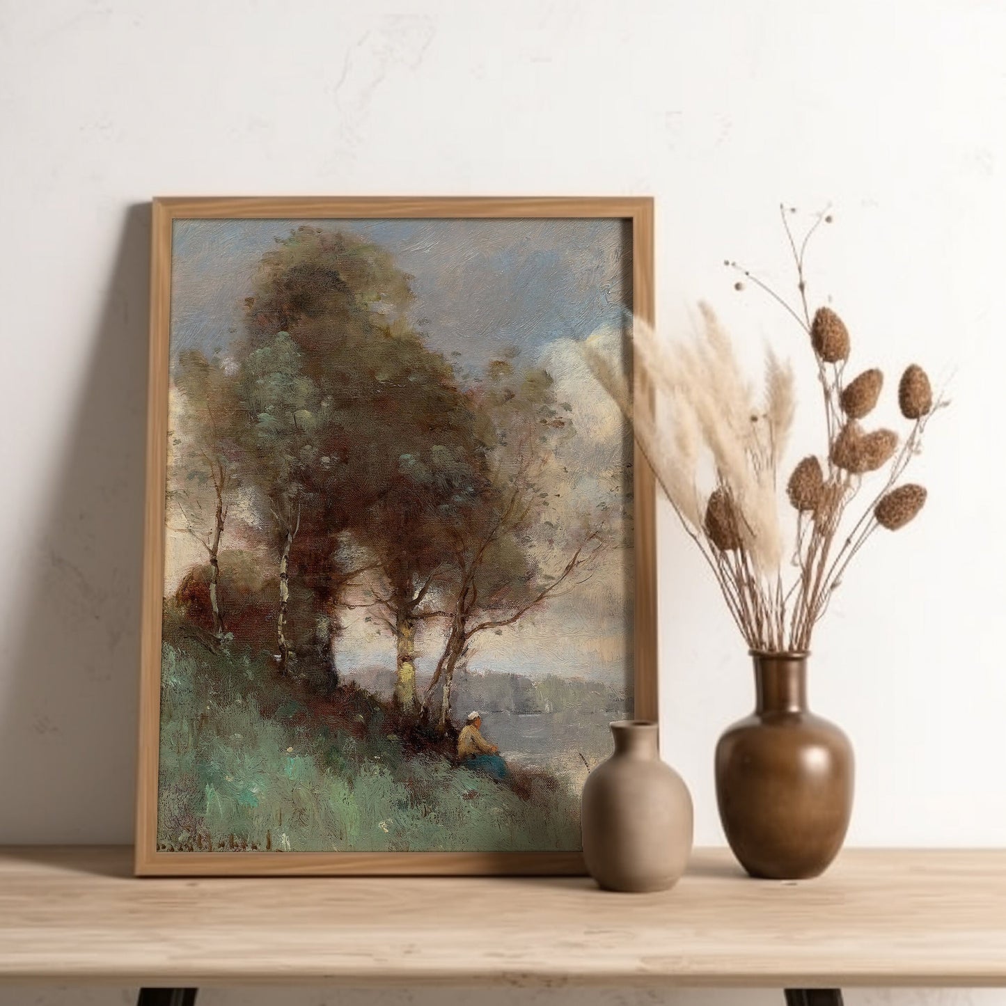 Landscape, Paul Trouillebert - Trees by the River, original antique painting oil, vintage, Printable art instant download, SKU  182PDT