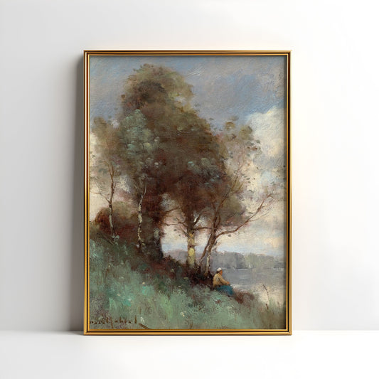 Landscape, Paul Trouillebert - Trees by the River, original antique painting oil, vintage, Printable art instant download, SKU  182PDT