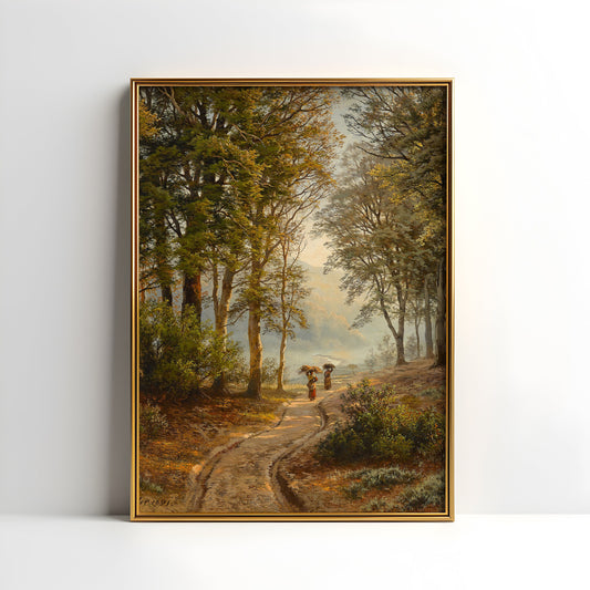 Friedrich Kessler - Forest path with two peasant women, antique painting oil, vintage, Printable art instant download, SKU  183FAK