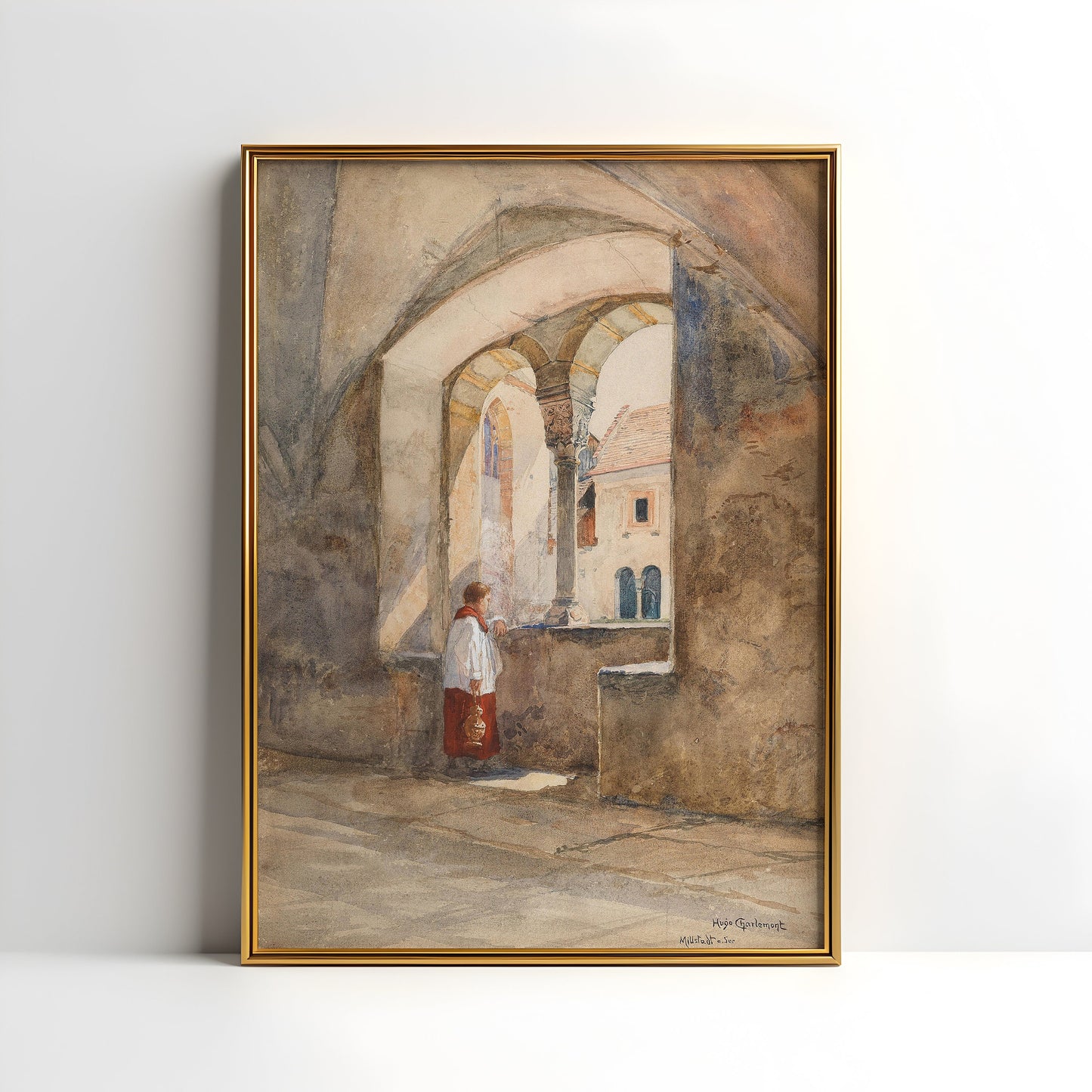 Hugo Charlemont - In Cloister , original antique figure painting , watercolour vintage Printable art instant download , SKU K-HC134