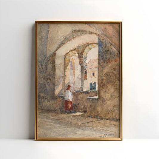 Hugo Charlemont - In Cloister , original antique figure painting , watercolour vintage Printable art instant download , SKU K-HC134