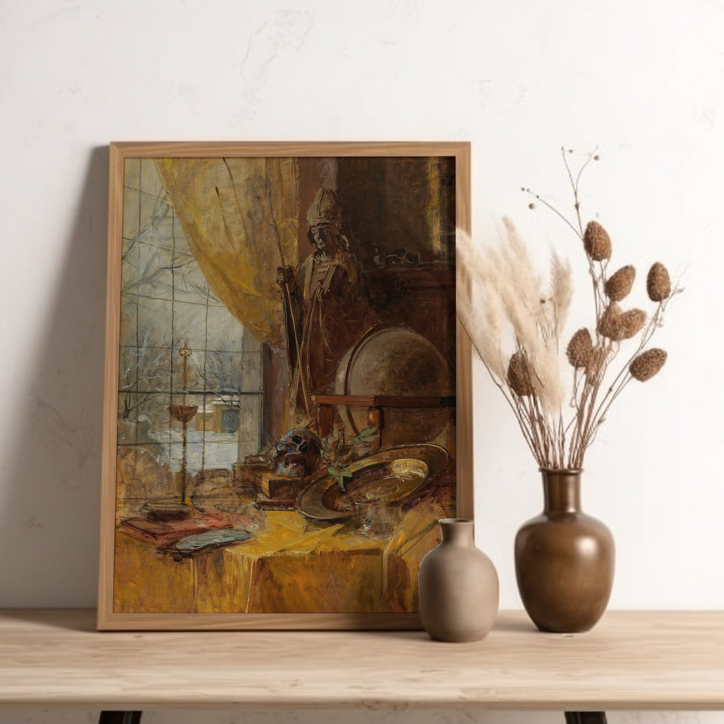 Carl Moll - Studio view, Still life, Skull and Globe, antique painting, oil vintage, Printable art instant download, SKU  190CM