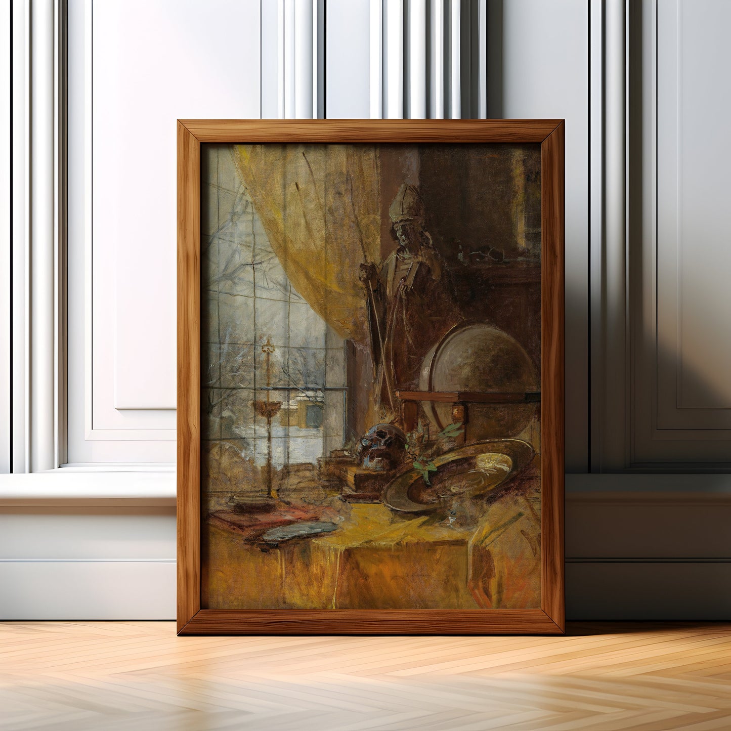 Carl Moll - Studio view, Still life, Skull and Globe, antique painting, oil vintage, Printable art instant download, SKU  190CM