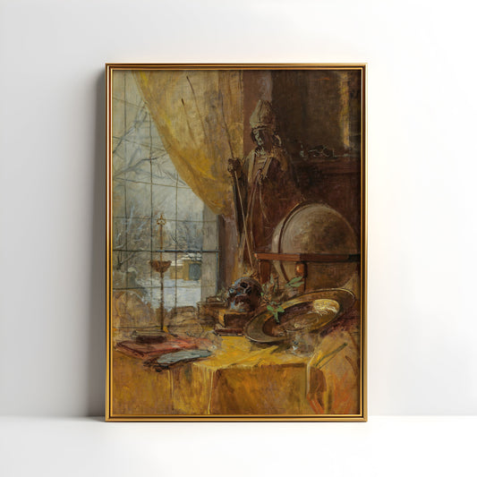 Carl Moll - Studio view, Still life, Skull and Globe, antique painting, oil vintage, Printable art instant download, SKU  190CM