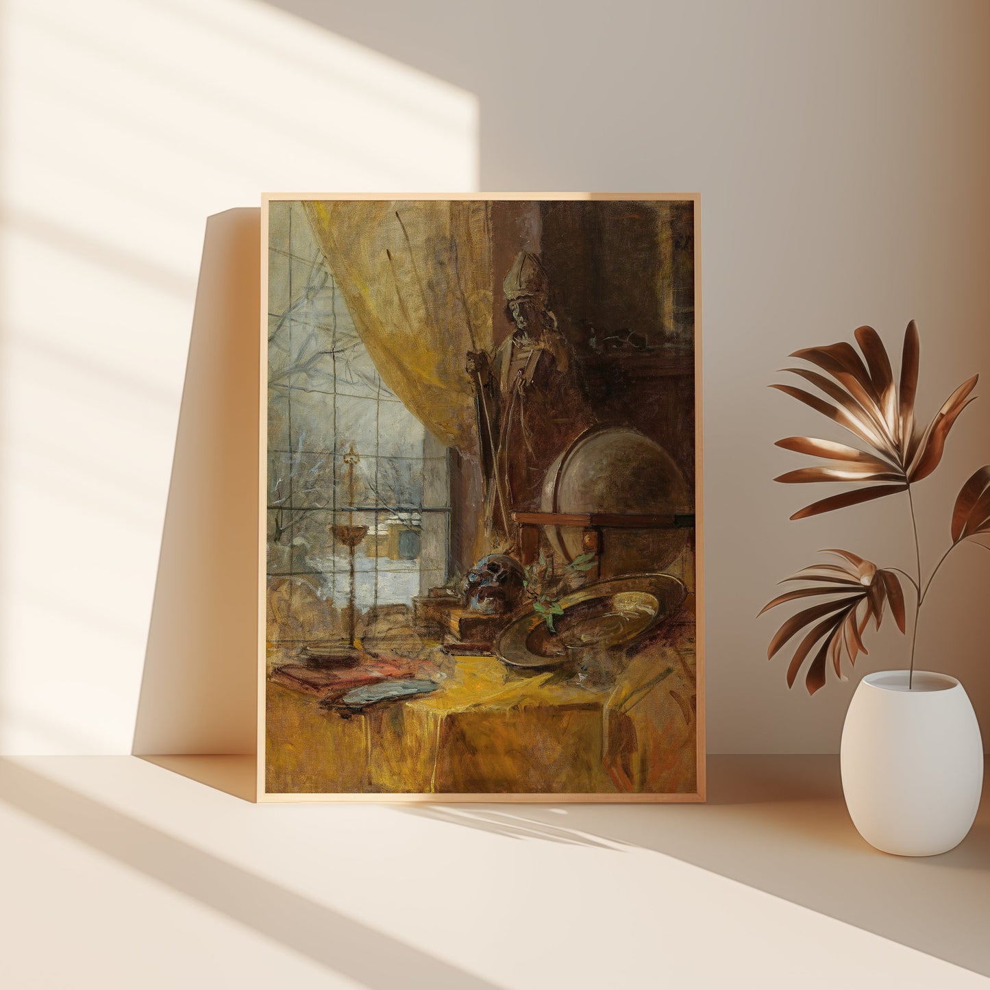 Carl Moll - Studio view, Still life, Skull and Globe, antique painting, oil vintage, Printable art instant download, SKU  190CM