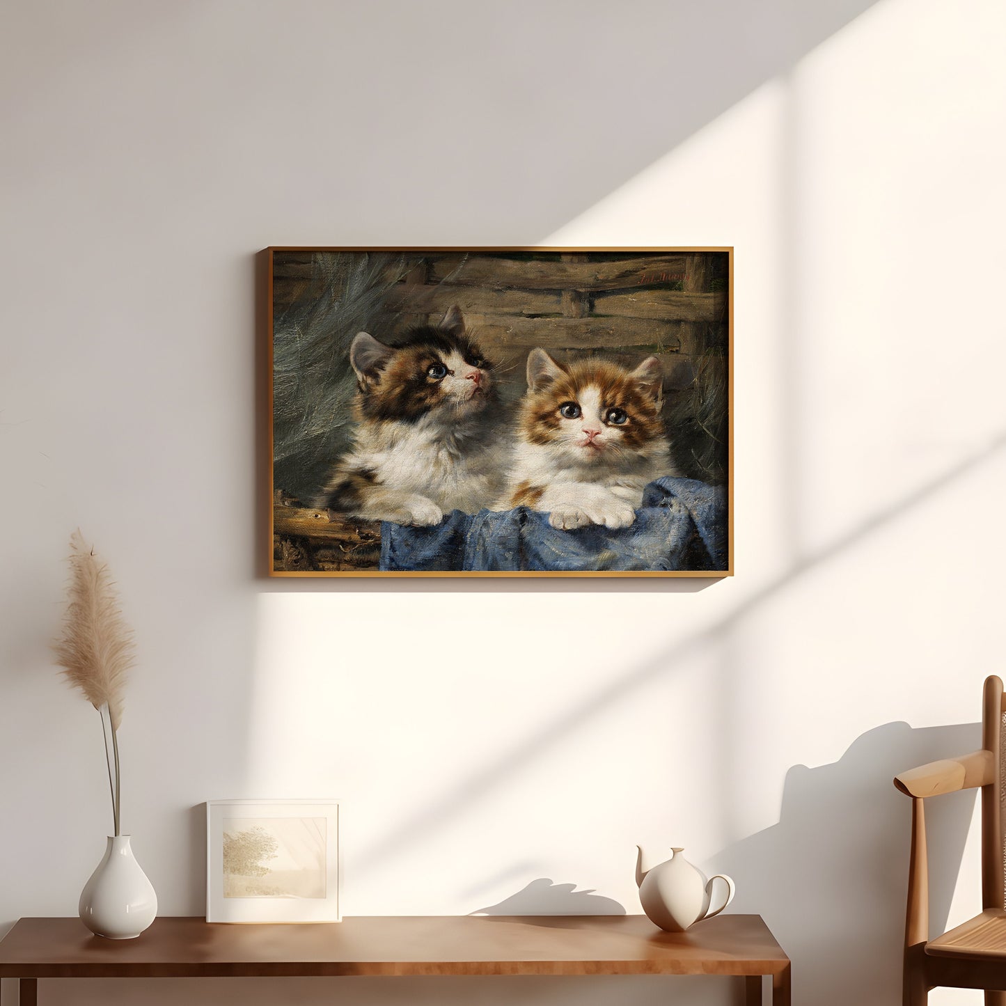 Julius Adam - Two kittens in basket, oil cute antique painting vintage, animal lover gift, Printable art instant download,  SKU  204JA