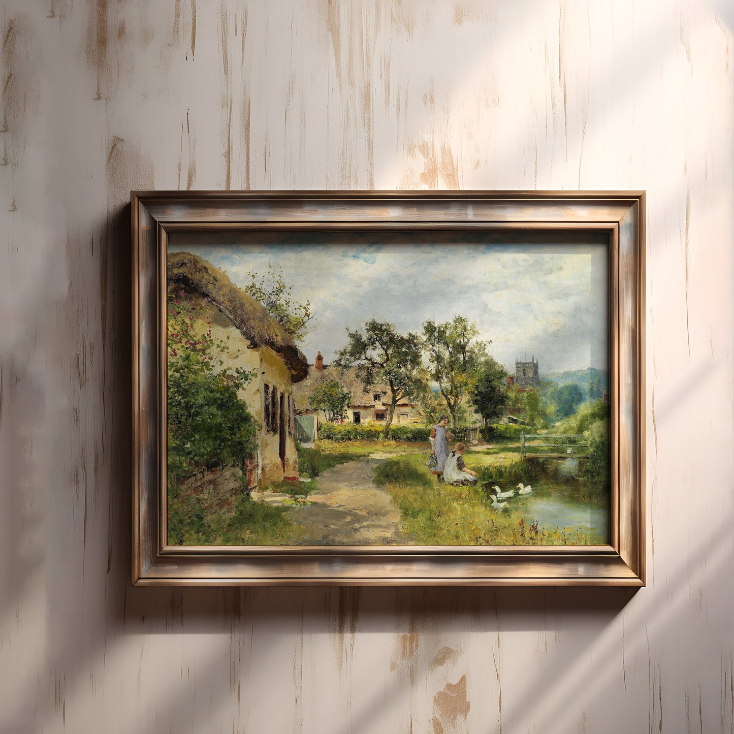 Landscape , Feeding Ducks - John Yeend King , original antique painting oil , vintage Printable art instant download , SKU 205JYK