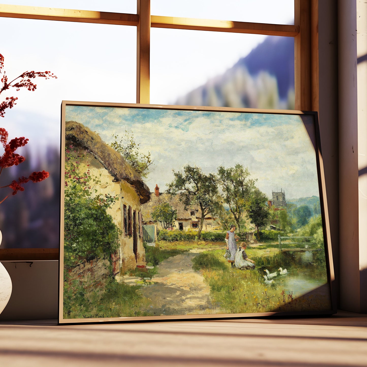 Landscape , Feeding Ducks - John Yeend King , original antique painting oil , vintage Printable art instant download , SKU 205JYK