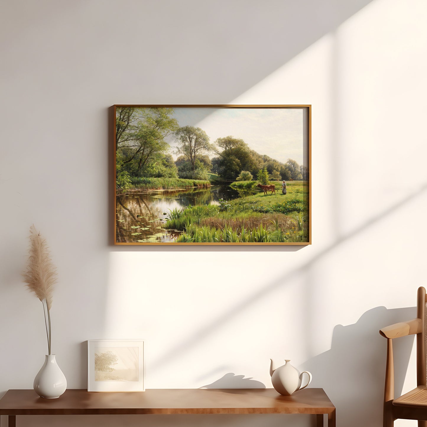 Rustic Landscape , Peder Monsted - Grazing Cow by River , original antique painting , oil vintage Printable art instant download , SKU 230PM
