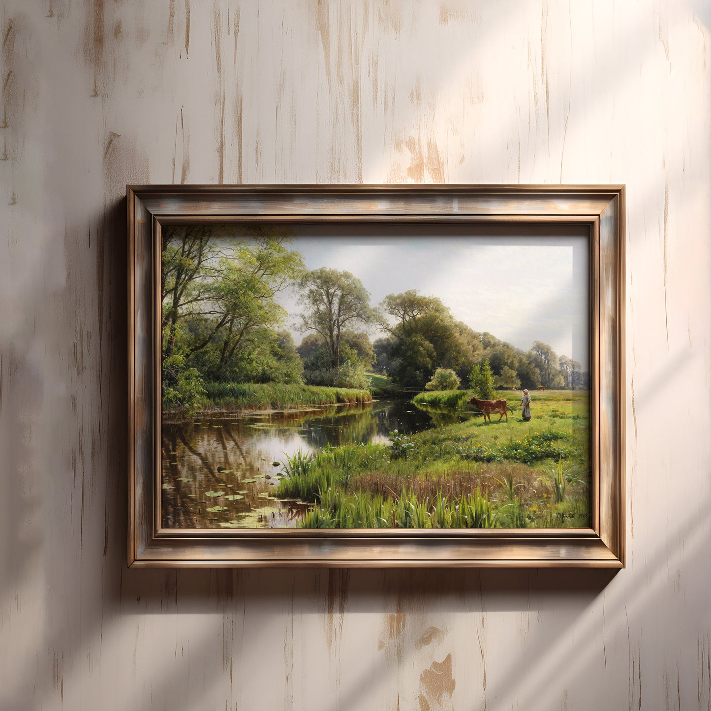 Rustic Landscape , Peder Monsted - Grazing Cow by River , original antique painting , oil vintage Printable art instant download , SKU 230PM