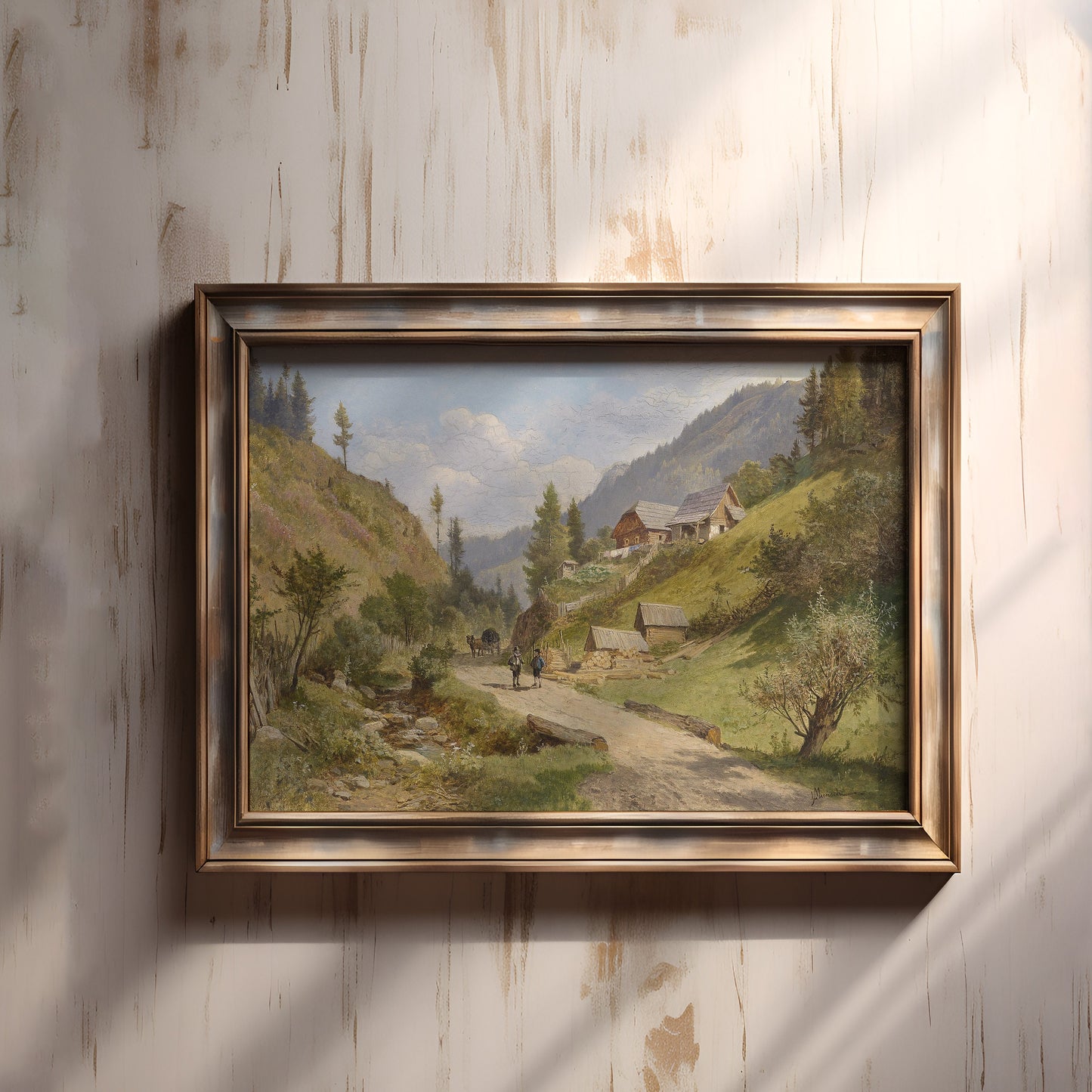 Leopold Munsch - Landscape Austrian Village in Mountains, original vintage painting, oil antique, Printable art instant download, SKU  235LM