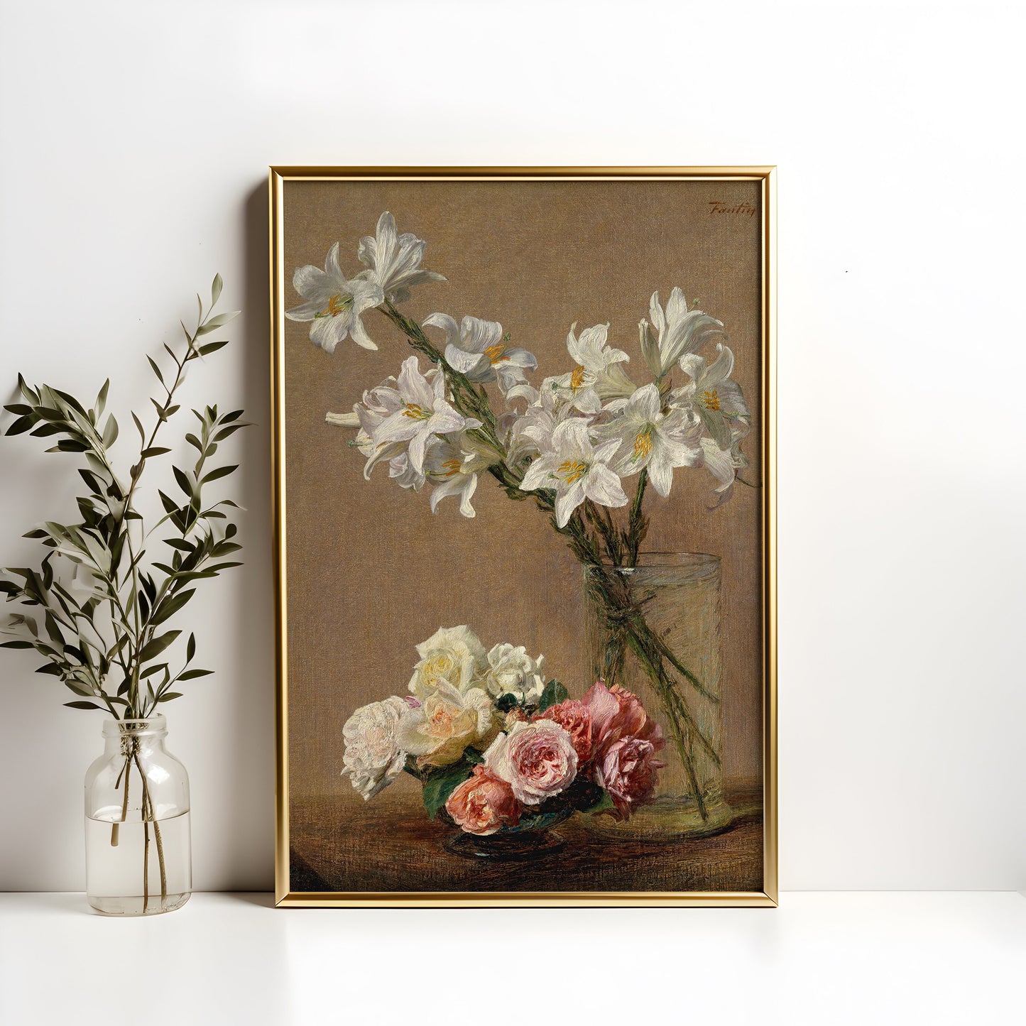 Flowers, Henri Fantin-Latour, Roses and Lilies, original antique painting, oil vintage, Printable art instant download, SKU  K_HFL.17