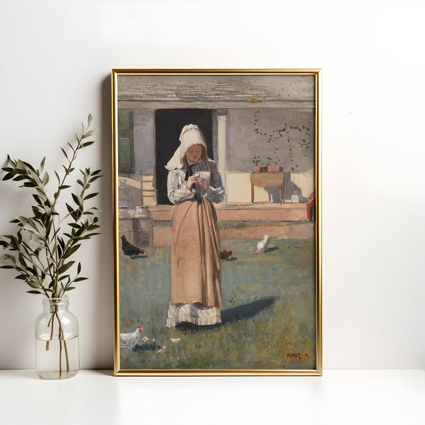 Winslow Homer - Girl with Chicken , original antique figure painting , watercolour vintage Printable artinstant download , SKU K-WH82