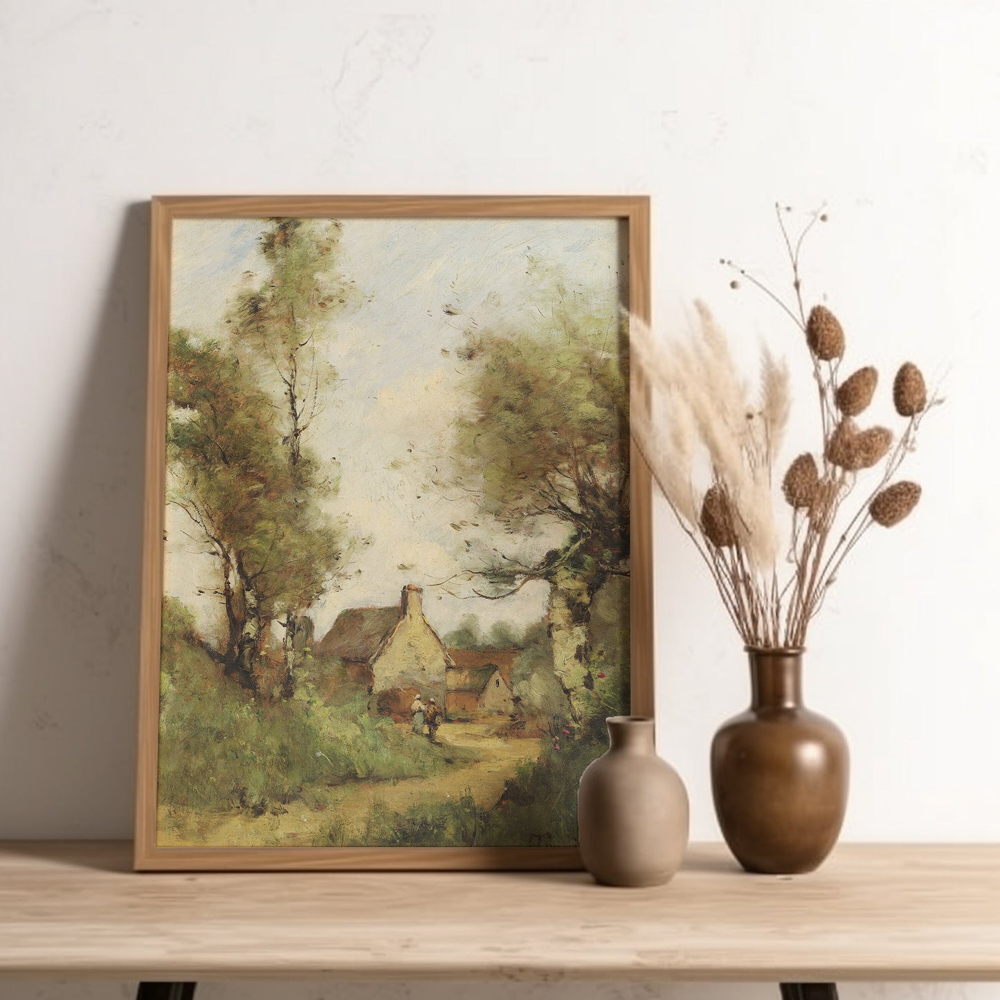 Paul Desire Trouillebert, Landscape - Peasants Outside Village, original antique painting oil, vintage, Printable art instant download, SKU   K-PDT98
