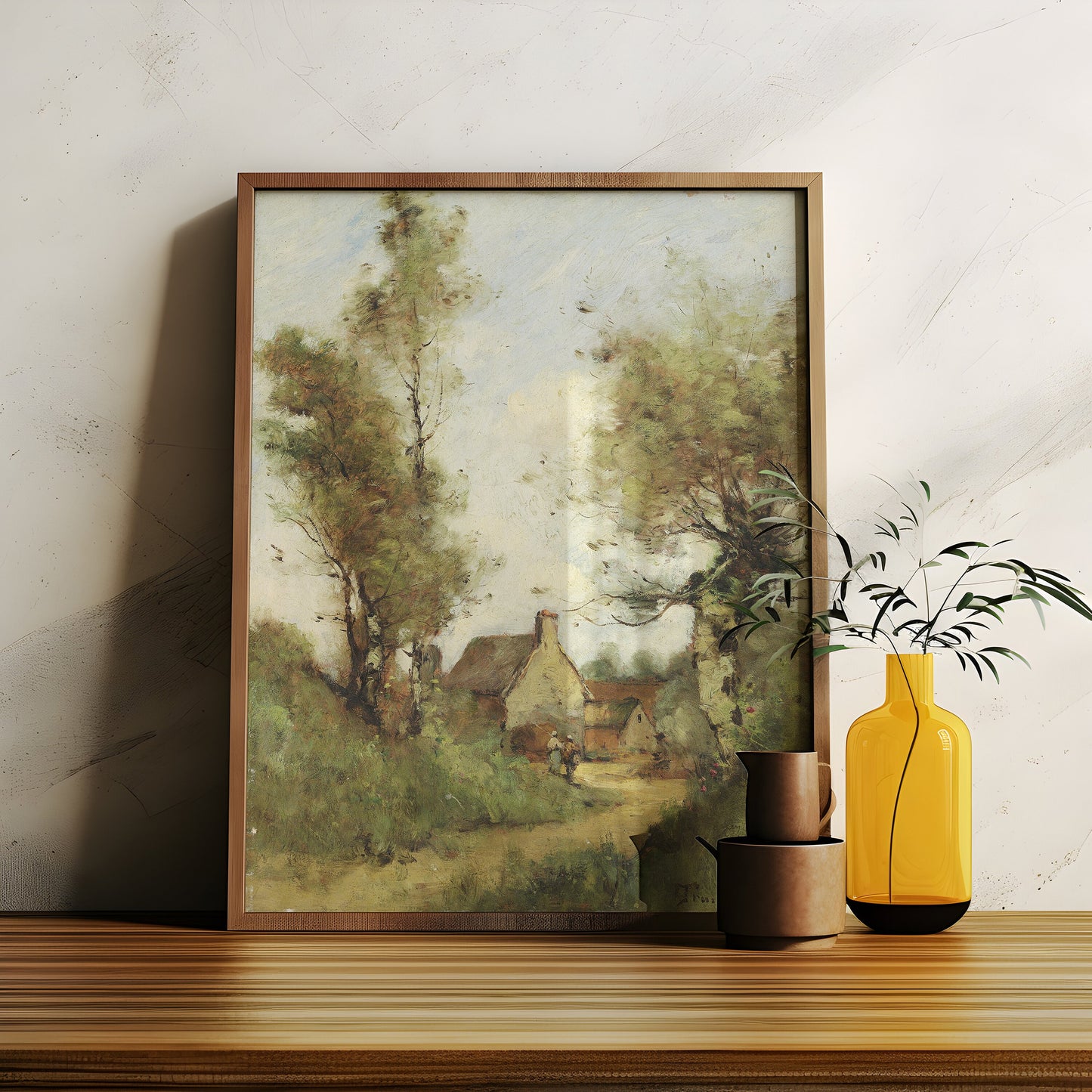 Paul Desire Trouillebert, Landscape - Peasants Outside Village, original antique painting oil, vintage, Printable art instant download, SKU   K-PDT98