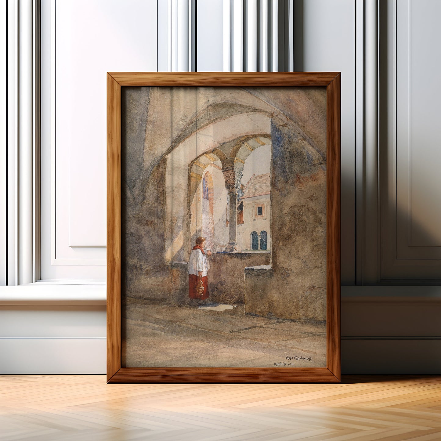 Hugo Charlemont - In Cloister , original antique figure painting , watercolour vintage Printable art instant download , SKU K-HC134