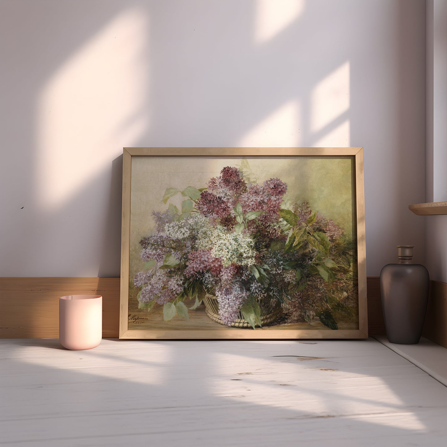 Still-life Flowers, Carl Massmann Basket of lilacs, original antique painting oil vintage, Printable art instant download, SKU  K.CM39