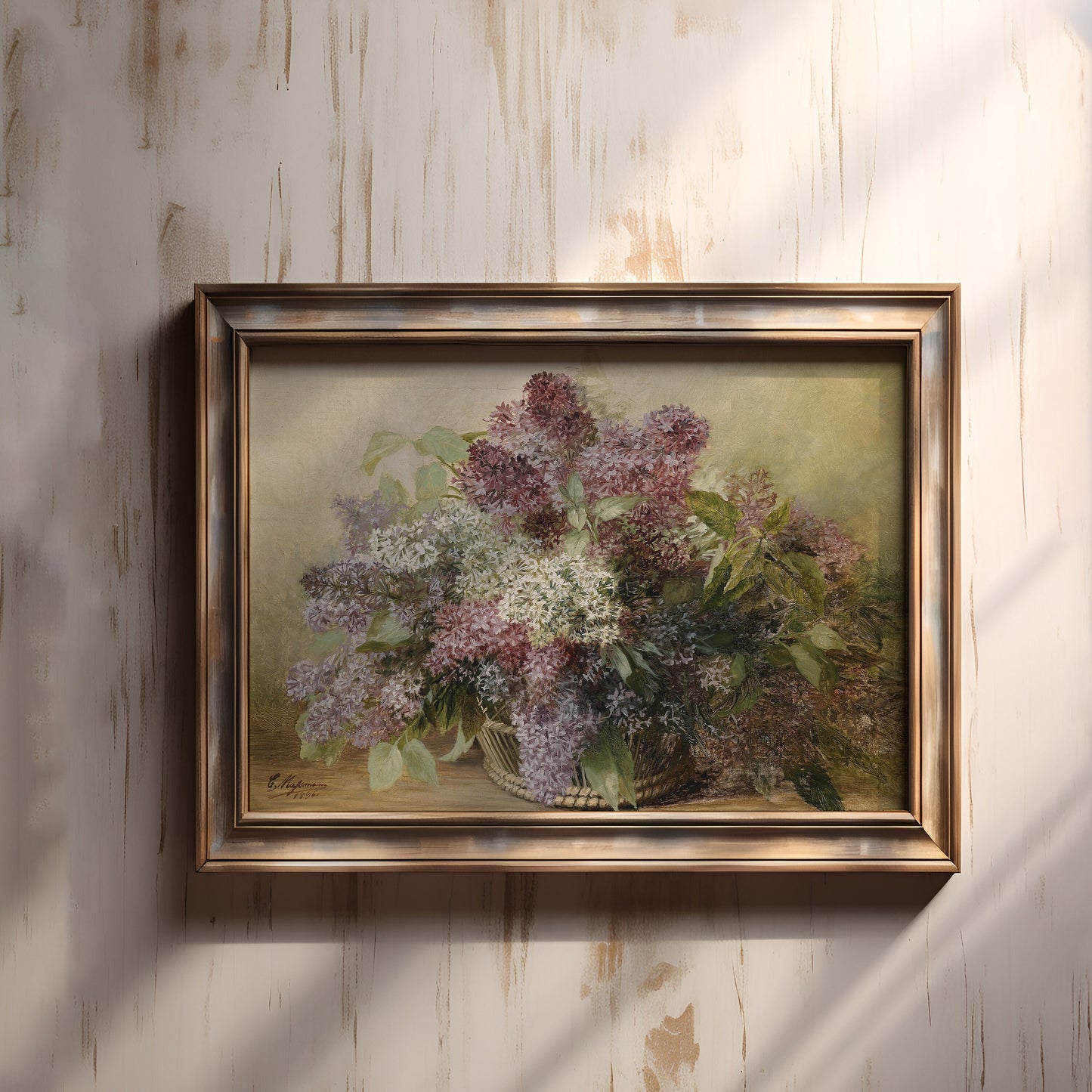 Still-life Flowers, Carl Massmann Basket of lilacs, original antique painting oil vintage, Printable art instant download, SKU  K.CM39