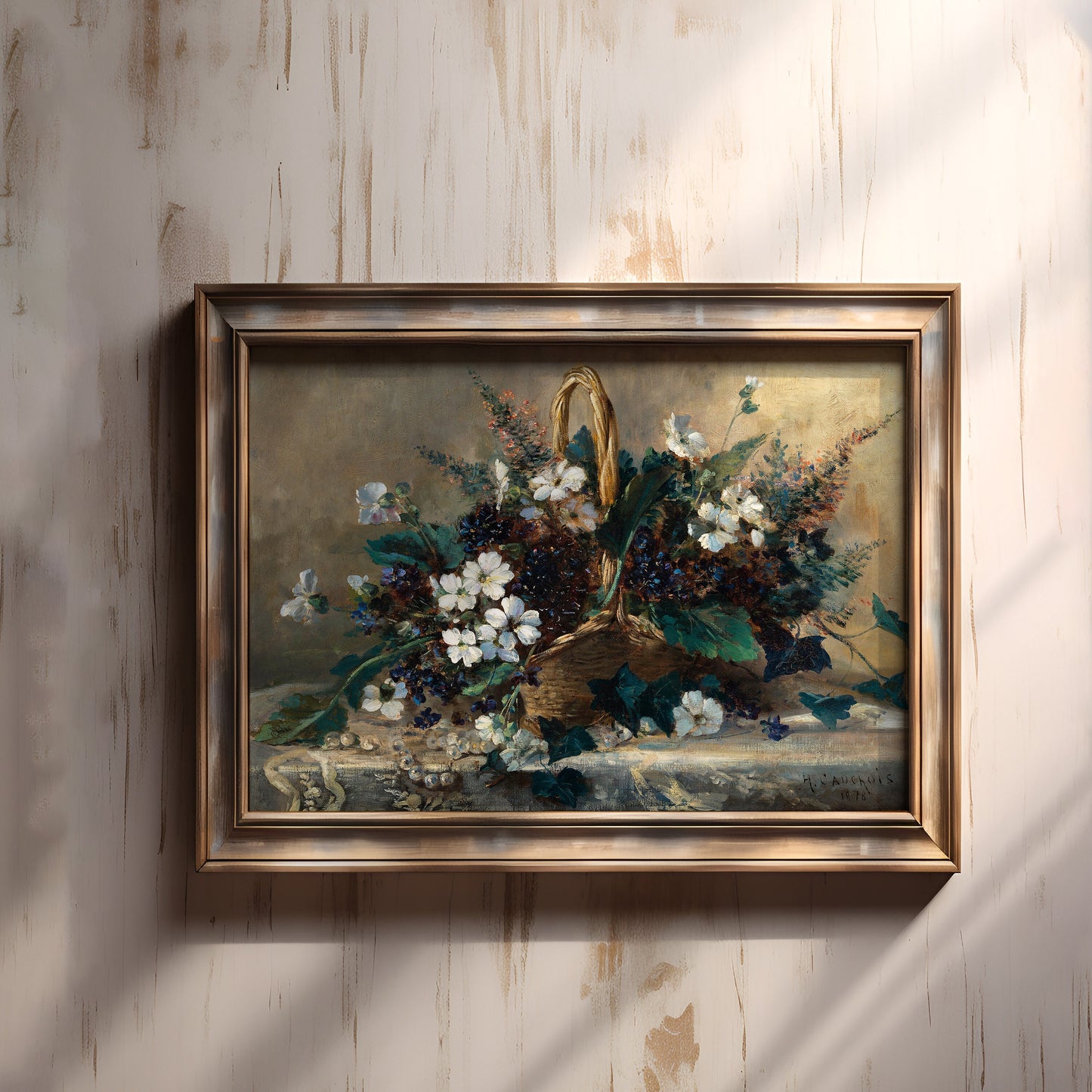 Still-life Flowers, Snowflakes and Violets, original antique painting oil vintage, Printable art instant download, Cauchois, SKU  K.EHK40