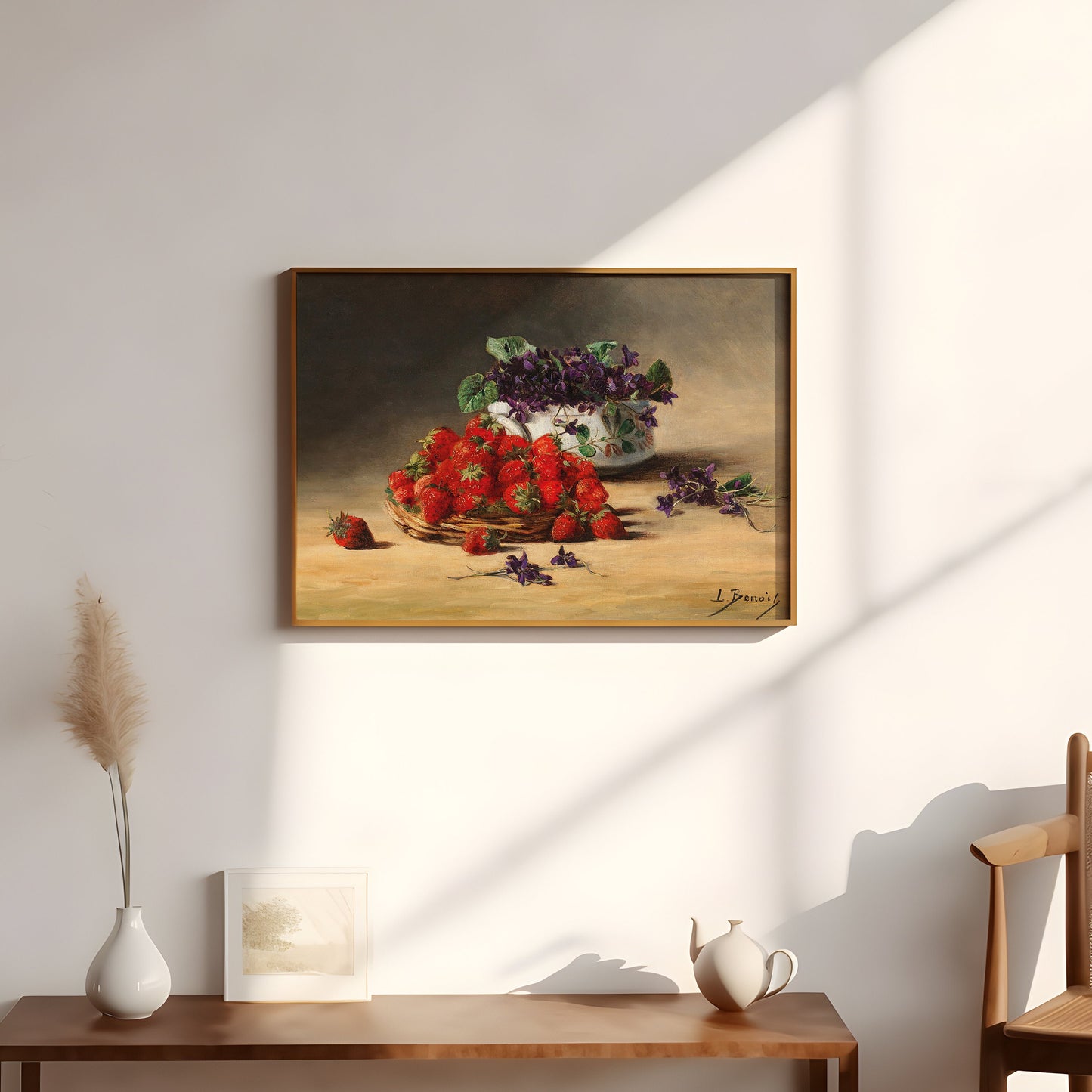 Still-life, Benoit, Strawberries and violets, original antique painting oil vintage, Printable art instant download, SKU  K.LMB41
