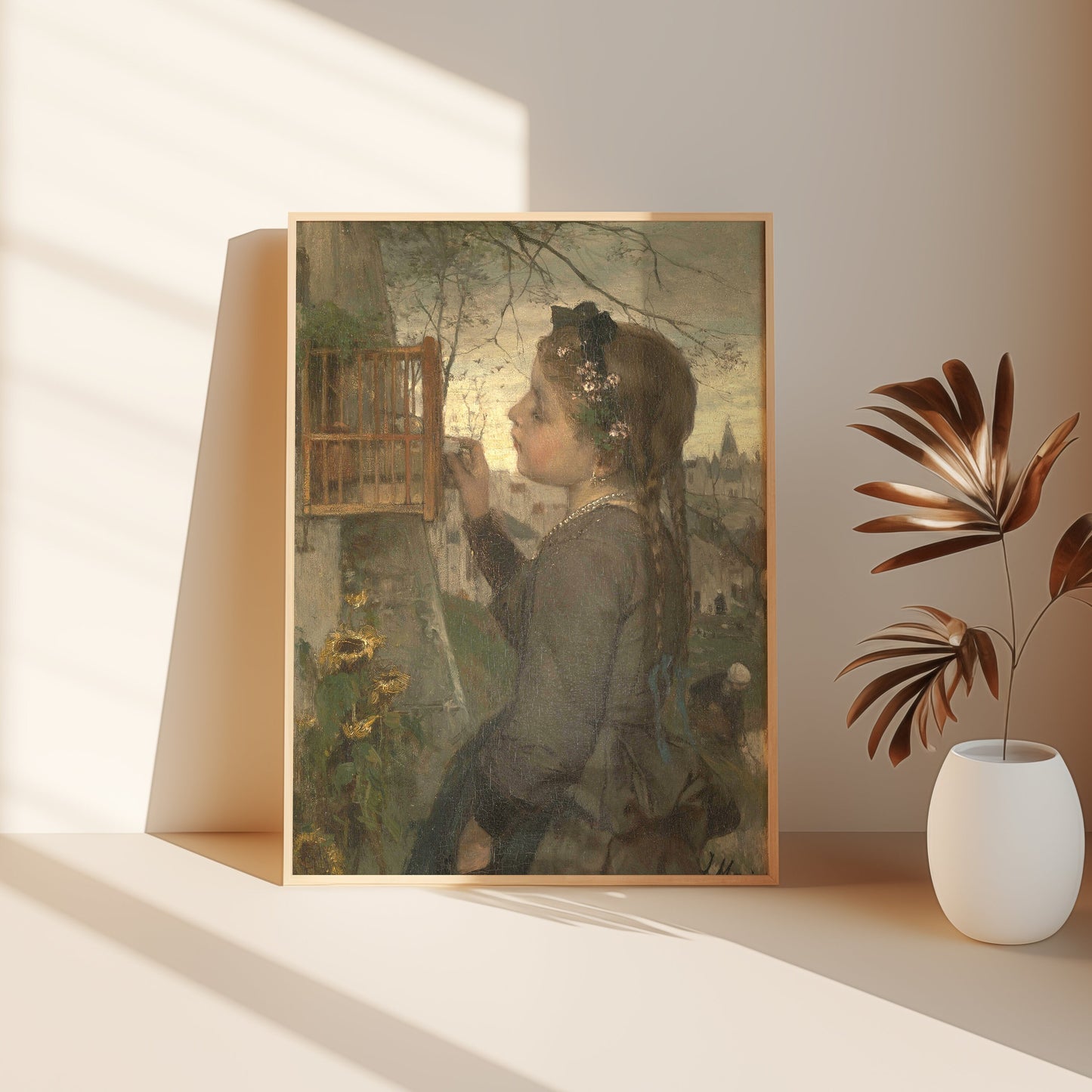 Girl Feeding Bird in Cage - Jacob Maris , original antique oil figure painting , vintage Printable art instant download , SKU K-JM56