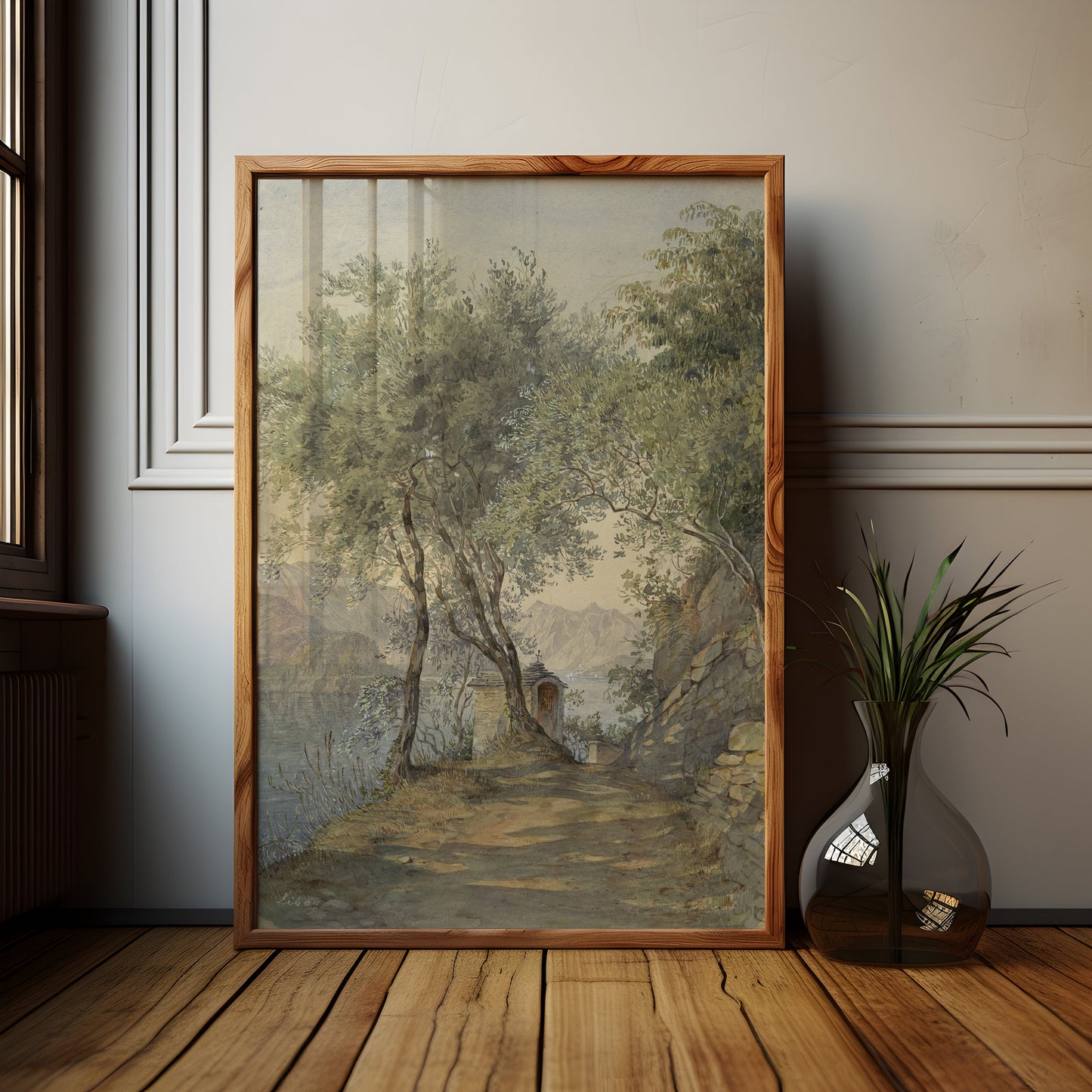Rustic landscape Lake, Unknown painter, original antique painting, watercolour, vintage, Printable art instant download, SKU  K-NN58