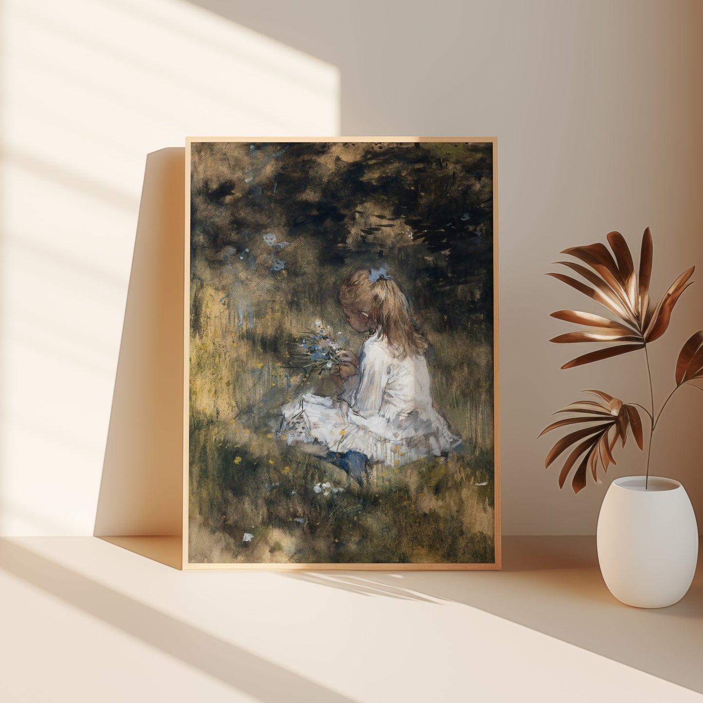Jacob Maris - Girl with Flowers in Grass , original antique figure painting , vintage Printable art instant download , SKU K-WM68