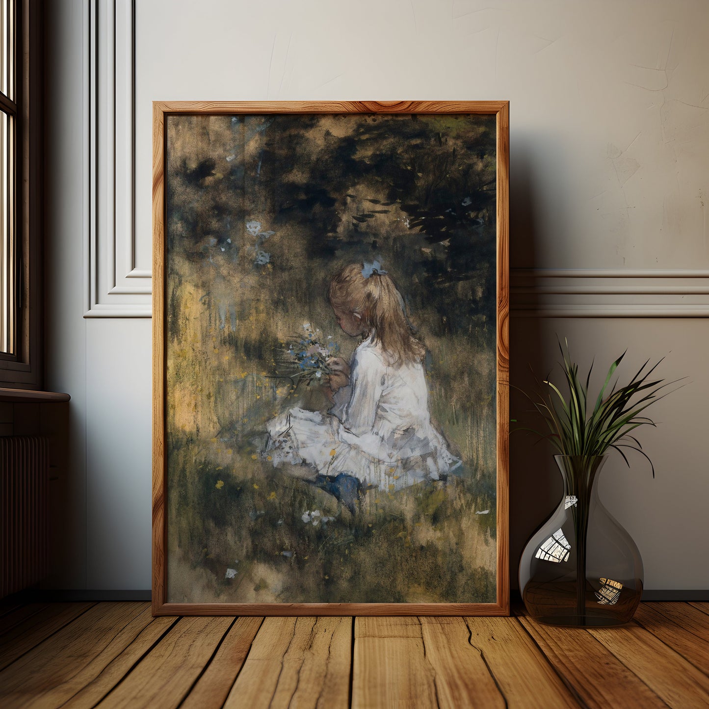 Jacob Maris - Girl with Flowers in Grass , original antique figure painting , vintage Printable art instant download , SKU K-WM68