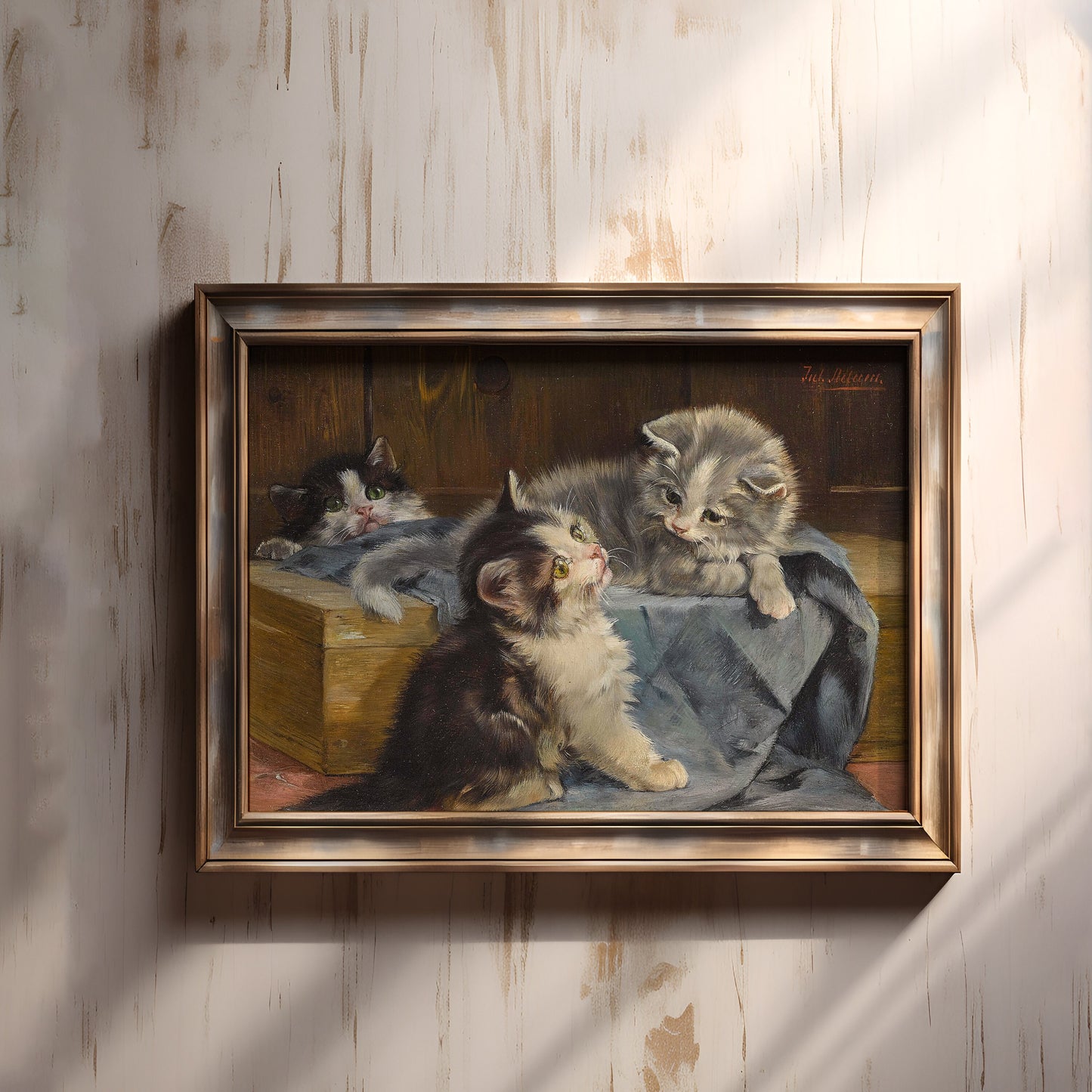 Julius Adam - Three kittens, oil cute antique painting vintage, animal lover gift, Printable art instant download, SKU  241JA