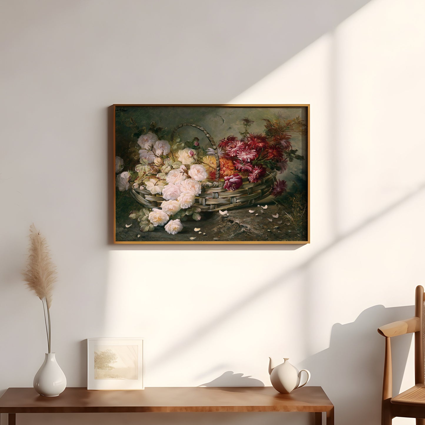Still-life Flowers, Max Carlier - Roses and Asters in Basket, original antique painting, vintage Printable art instant download, SKU 244MC